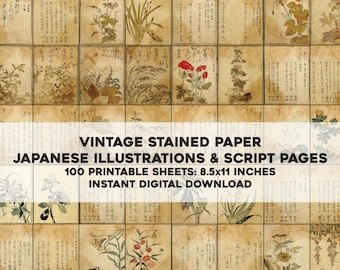 May include: A digital download of 100 printable sheets featuring vintage Japanese illustrations and script pages. The pages are stained and have a rustic, aged look. Each sheet is 8.5 inches by 11 inches.