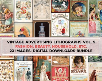 23 Anuncios impresos en litografía vintage de 1800 vol. 5 Moda y hogar / Paquete de imágenes de alta resolución / Descarga digital Uso comercial