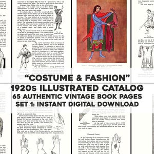 Puede incluir: Una portada de libro vintage con el título "Costume & Fashion" y el subtítulo "Catálogo ilustrado de la década de 1920". La portada presenta un collage de ilustraciones en blanco y negro de personas con ropa histórica.