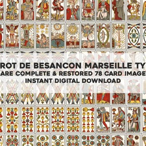 May include: A collection of 78 vintage Tarot de Besancon Marseille Type card images. The cards feature detailed illustrations in a variety of colors and designs. Text on the image reads: "TAROT DE BESANCON MARSEILLE TYPE RARE COMPLETE & RESTORED 78 CARD IMAGES INSTANT DIGITAL DOWNLOAD."