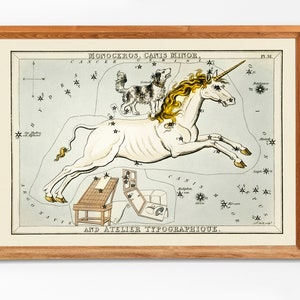 Hund & Einhorn Sternbild Astronomische Karte Vintage Illustration | Astrologie druckbare Wandkunst | Sternzeichen Digital Download