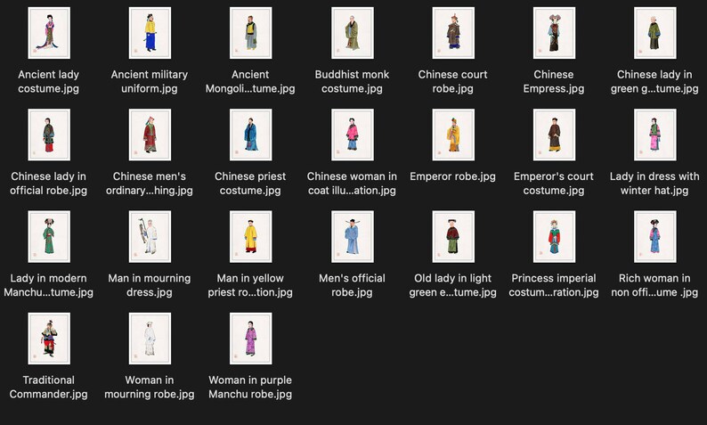 Pode incluir: Uma cole&ccedil;&atilde;o de 24 ilustra&ccedil;&otilde;es que retratam v&aacute;rios trajes tradicionais chineses, incluindo um monge budista, uma t&uacute;nica da corte chinesa, uma imperatriz chinesa, uma dama com um vestido verde, uma dama com uma t&uacute;nica oficial, um homem com uma t&uacute;nica de sacerdote amarela, um homem com um vestido de luto, uma mulher com uma t&uacute;nica Manchu p&uacute;rpura e um comandante tradicional.