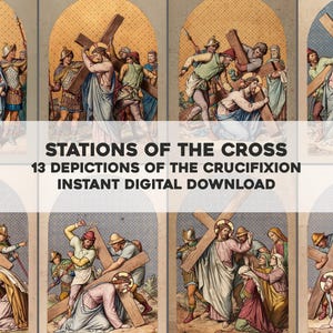 May include: A digital download featuring a collection of religious illustrations depicting the Stations of the Cross. The images showcase scenes from the crucifixion, with figures in robes and carrying crosses. The text "STATIONS OF THE CROSS" is visible.