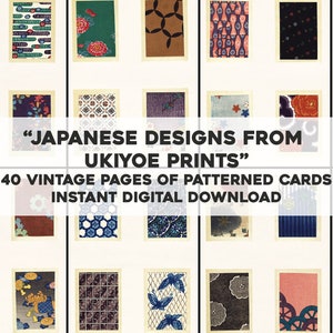 May include: A digital download of 40 vintage pages of patterned cards featuring Japanese designs from Ukiyoe prints. The cards are arranged in a grid and feature a variety of colors and patterns.