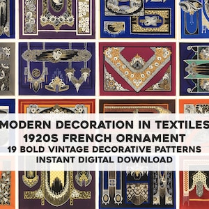 May include: A selection of 19 bold vintage decorative patterns in a range of colours, including blue, purple, and gold. The designs are from the 1920s French ornament style, with the text "MODERN DECORATION IN TEXTILES".