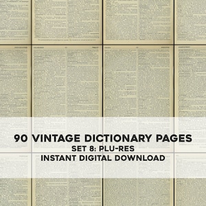 May include: A set of 90 vintage dictionary pages, featuring words from "Plu" to "Res". The pages are printed in black ink on a cream-colored paper. The pages are arranged in a grid pattern, with each page showing a different word and its definition.