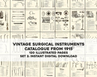 Peut inclure: Un catalogue médical vintage de 1915 présentant des illustrations d'instruments chirurgicaux. Le catalogue est intitulé "Vintage Surgical Instruments Catalogue From 1915" et "Set 2: Instant Digital Download".