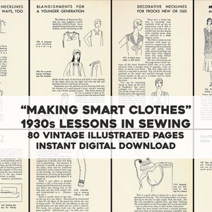 Może przedstawiać: Okładka starej książki z ilustracjami damskiej odzieży z lat 30. XX wieku. Tytuł to "Making Smart Clothes", a podtytuł to "1930s Lessons in Sewing 80 Vintage Illustrated Pages Instant Digital Download".