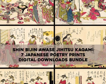May include: Seven digital prints of Japanese poetry featuring women in traditional clothing. The prints are in a collage format with a title that reads "Shin Bijin Awase Jihiitsu Kagami 7 Japanese Poetry Prints Digital Downloads Bundle".