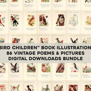 86 Illustrations de « Bird Children » livre plaques vintage Printable Wall Art Bundle Téléchargement instantané numérique Botanique Floral Utilisation commerciale