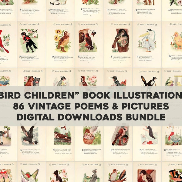 86 Illustrations from "Bird Children" Book Plates Vintage Printable Wall Art Bundle Digital Instant Download Botanical Floral Commercial Use