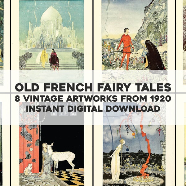 8 Old French Fairy Tale Illustrations | HQ Image Bundle Printable Wall Art | Instant Digital Download Commercial Use