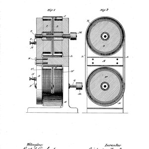 May include: Black and white line drawing of a dynamo electric machine patent, No. 406,968, patented July 16, 1889, by Nikola Tesla. The patent drawing shows a detailed diagram of the machine's internal components.