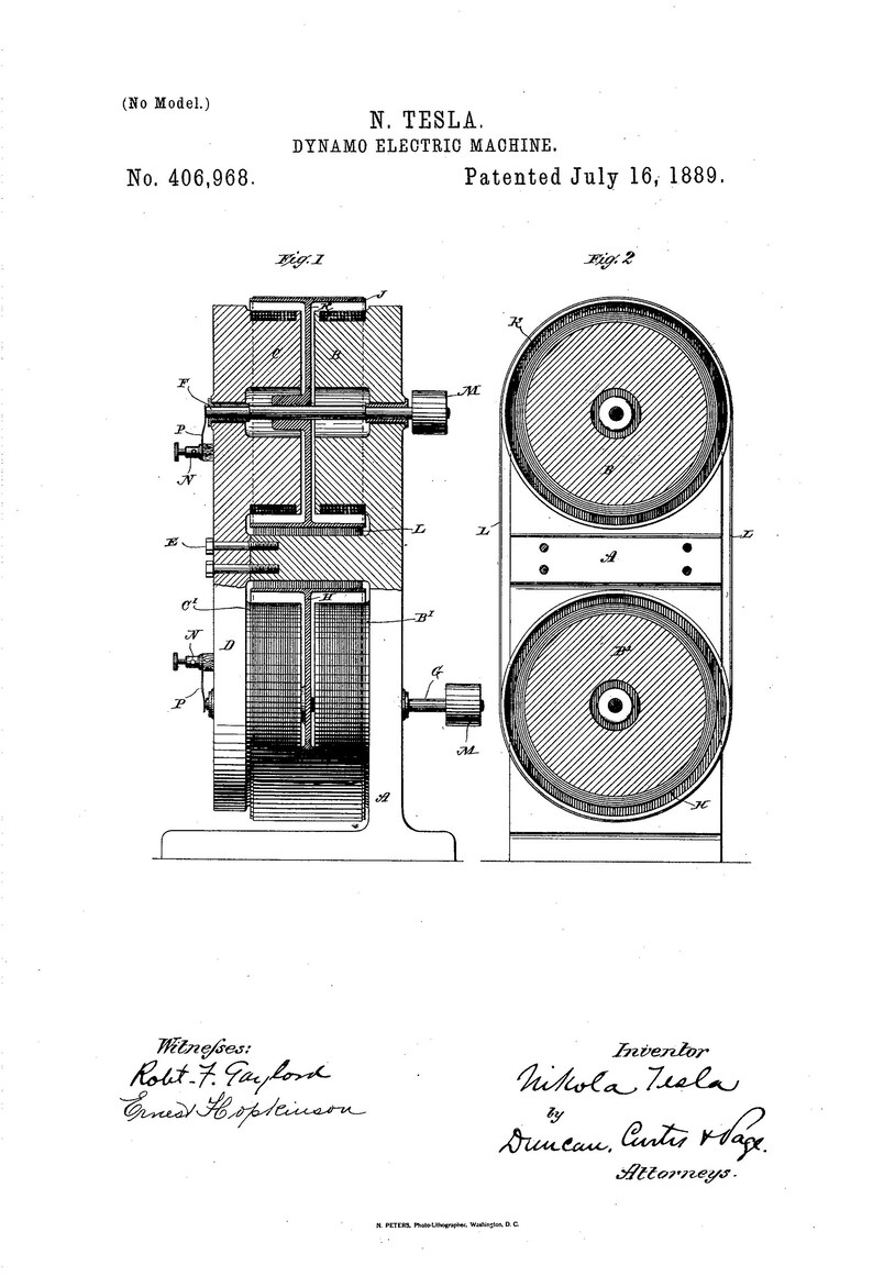 May include: Black and white line drawing of a dynamo electric machine patent, No. 406,968, patented July 16, 1889, by Nikola Tesla. The patent drawing shows a detailed diagram of the machine's internal components.