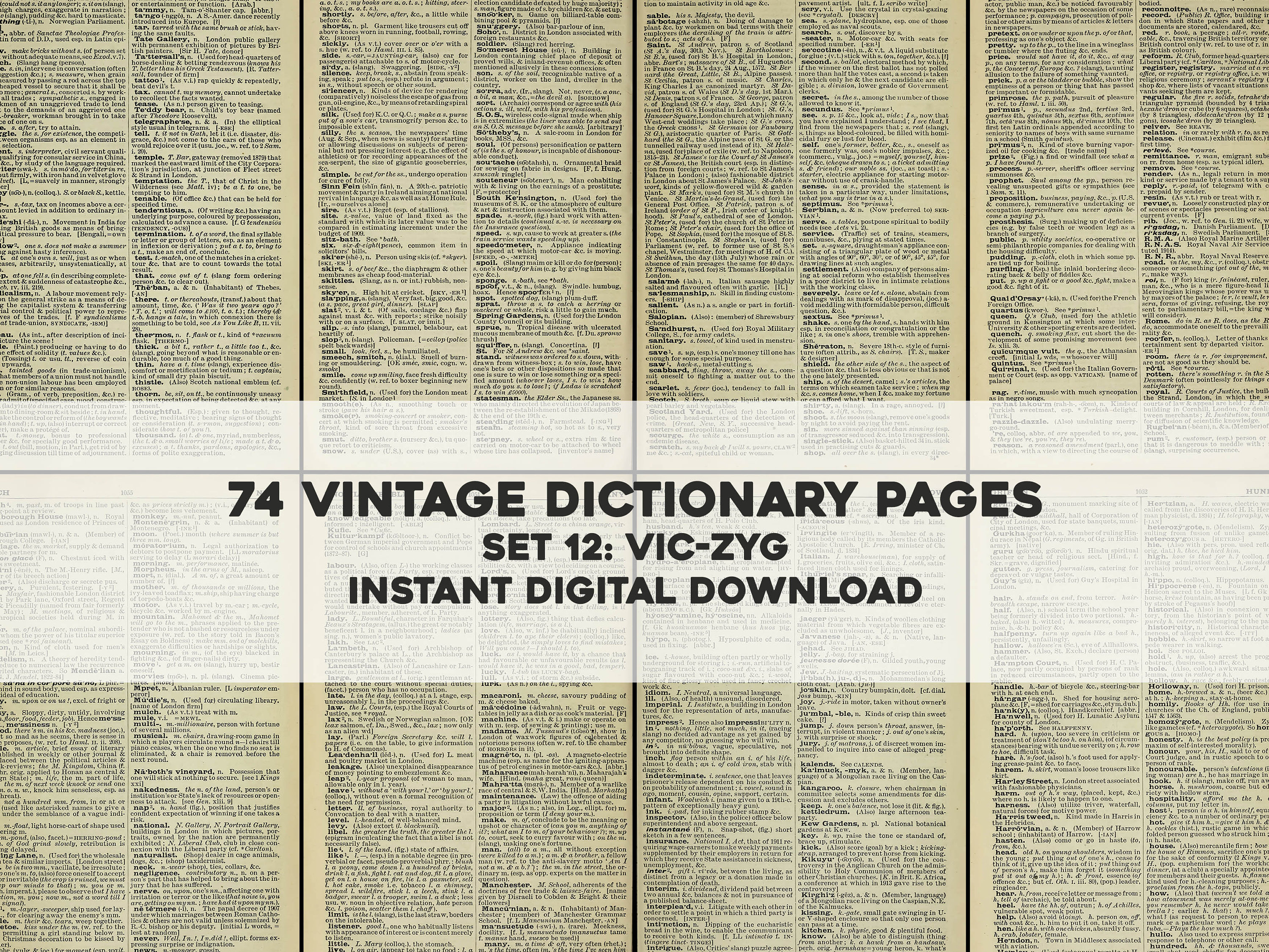 74 Vintage English Dictionary Pages Set 12 VIC-ZYG | HQ