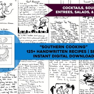 Mais de 100 receitas de livros de receitas manuscritas vintage do sul | Pacote de imagens HQ de páginas imprimíveis individuais | Download digital instantâneo para uso comercial 1