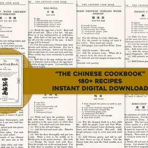 May include: A vintage cookbook cover with a yellow background and the text "The Chinese Cookbook" in bold, black letters. The text "180+ Recipes" is below the title in smaller, black letters. The text "Instant Digital Download" is below the recipes count in even smaller, black letters.