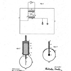 May include: A black and white line drawing of a system of electric lighting, patented June 23, 1891, by Nikola Tesla. The drawing shows a circuit diagram with a coil, a capacitor, and two light bulbs. The drawing also shows a close-up of a light bulb with a filament.