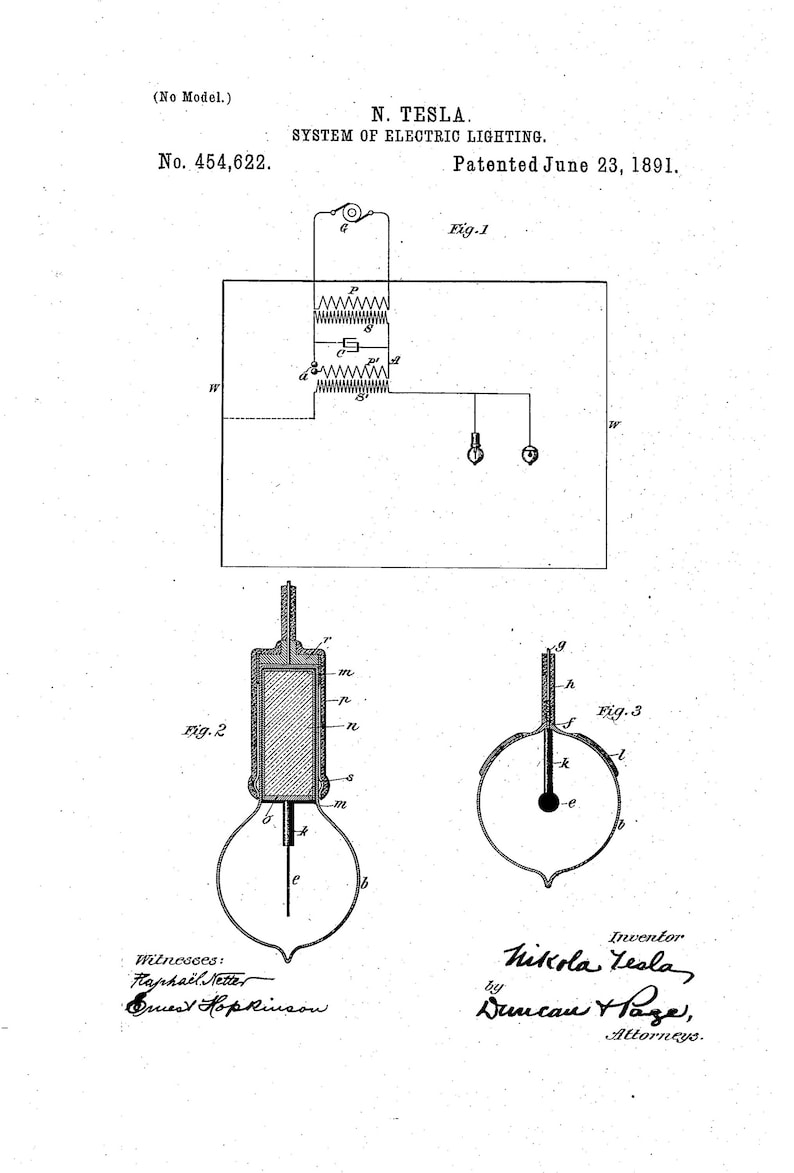 May include: A black and white line drawing of a system of electric lighting, patented June 23, 1891, by Nikola Tesla. The drawing shows a circuit diagram with a coil, a capacitor, and two light bulbs. The drawing also shows a close-up of a light bulb with a filament.