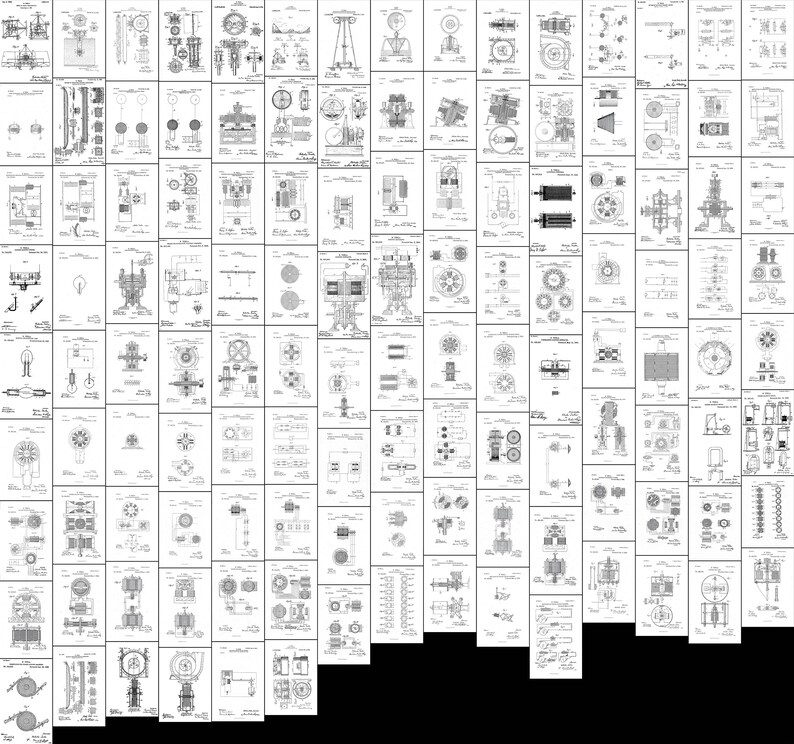 May include: A collection of 100 black and white patent drawings of various electrical motors and generators. The drawings show different designs and configurations of the motors and generators, including their internal components and wiring diagrams.