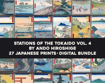 May include: A digital bundle of 27 Japanese prints depicting scenes from the Tokaido Road, a historic route in Japan. The prints are by artist Ando Hiroshige and feature vibrant colors and detailed landscapes.