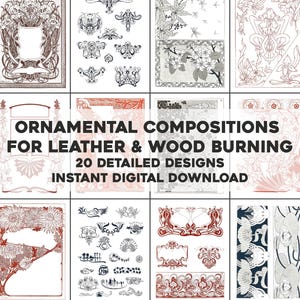 以下が含まれることがあります： 革や木材の焼印用の、20種類の詳細な装飾デザインを収録したデジタルダウンロード。デザインには、茶色、赤、黒の色合いの、花柄、幾何学模様、装飾的な要素が含まれています。「Ornamental Compositions for Leather & Wood Burning」と書かれています。