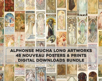 48 Beautiful Alphonse Mucha Long Artworks | HQ Image Bundle Printable Wall Art | Art Nouveau | Instant Digital Download Commercial Use