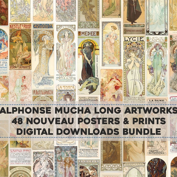 48 Beautiful Alphonse Mucha Long Artworks | HQ Image Bundle Printable Wall Art | Art Nouveau | Instant Digital Download Commercial Use