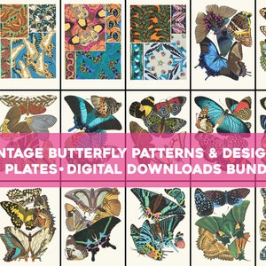 May include: A collection of 20 vintage butterfly patterns and designs. The images feature intricate details and vibrant colours, including blue, green, yellow, and red. The designs are perfect for crafting, scrapbooking, and other creative projects.