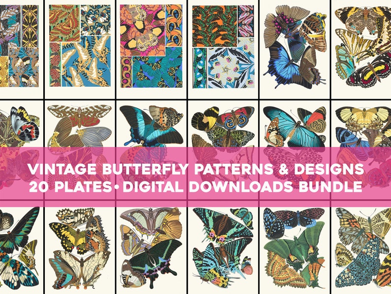 May include: A collection of 20 vintage butterfly patterns and designs. The images feature intricate details and vibrant colors, including blue, green, yellow, and red. The designs are perfect for crafting, scrapbooking, and other creative projects.