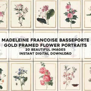 May include: A collection of 20 gold-framed flower portraits by Madeleine Francoise Basseporte. The images feature botanical illustrations of various flowers, with text that reads "20 Beautiful Images Instant Digital Download."