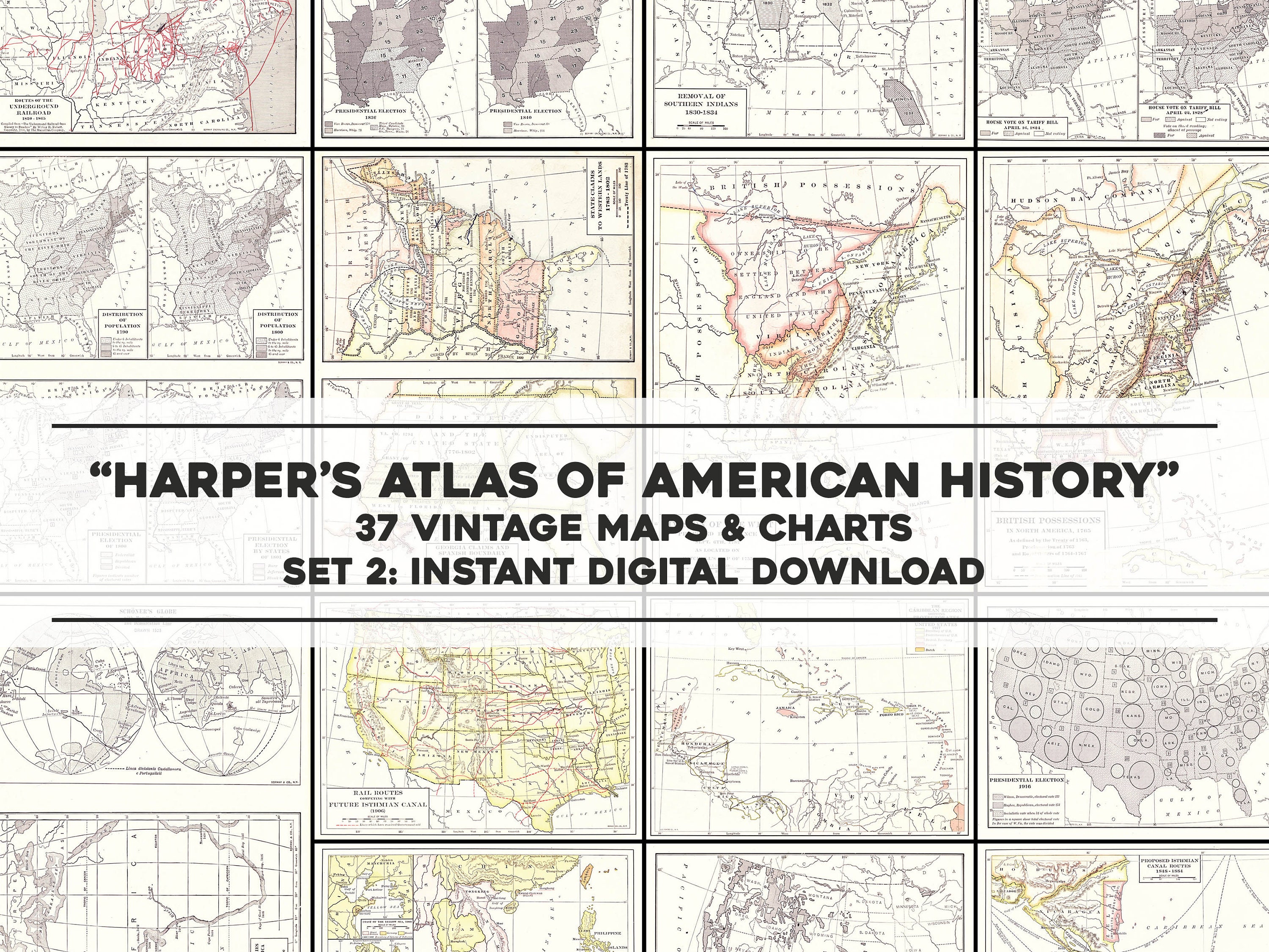 1920 年代のアメリカ歴史地図帳からの 37 枚のビンテージ米国および州