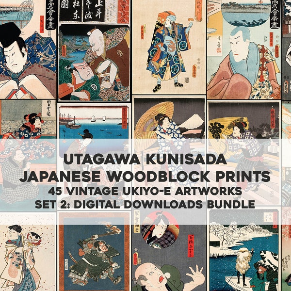 45 gravures sur bois japonaises Kunisada Kabuki Samurai | HQ Image Bundle Art mural imprimable | Téléchargement numérique instantané Utilisation commerciale 2