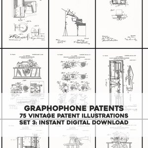 May include: A collage of nine black and white vintage patent illustrations for a phonograph. The title "Graphophone Patents" is displayed in bold, with the text "75 Vintage Patent Illustrations Set 3: Instant Digital Download" below it.