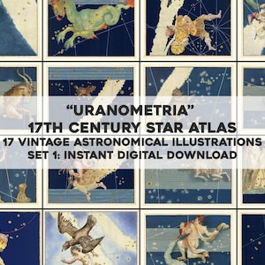 May include: A collection of 17th-century star atlas illustrations. The images feature celestial figures and constellations on a dark blue background. Text reads "URANOMETRIA" and "17TH CENTURY STAR ATLAS". The set is available as an instant digital download.