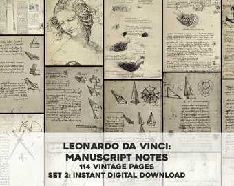 114 Leonardo Da Vinci Manuscript Sketches Notes Diagrams Set 2 | Image Bundle Printable Wall Art | Instant Digital Download Commercial Use