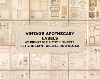May include: A digital download of 62 printable sheets of vintage apothecary labels. The labels are in a variety of styles and feature text such as "Whiskey", "Rye Whiskey", "Brandy", "Wine", "New Rum", and "Bay Rum".