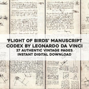 37 páginas del manuscrito de Leonardo Da Vinci sobre el vuelo de los pájaros / Paquete de imágenes para imprimir en la pared / Descarga digital instantánea para uso comercial