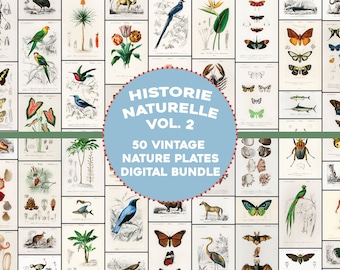 May include: A collage of 50 vintage nature plates, featuring illustrations of various animals, plants, and insects. The title "HISTOIRE NATURELLE VOL. 2" is displayed in a blue circle with a red dotted border. The text "50 VINTAGE NATURE PLATES DIGITAL BUNDLE" is also included.