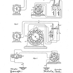 May include: A black and white line drawing of a patent for a method of operating electromagnetic motors. The patent is for Nikola Tesla and was filed on April 16, 1889. The patent number is 401,520. The drawing shows a diagram of the motor and its components.