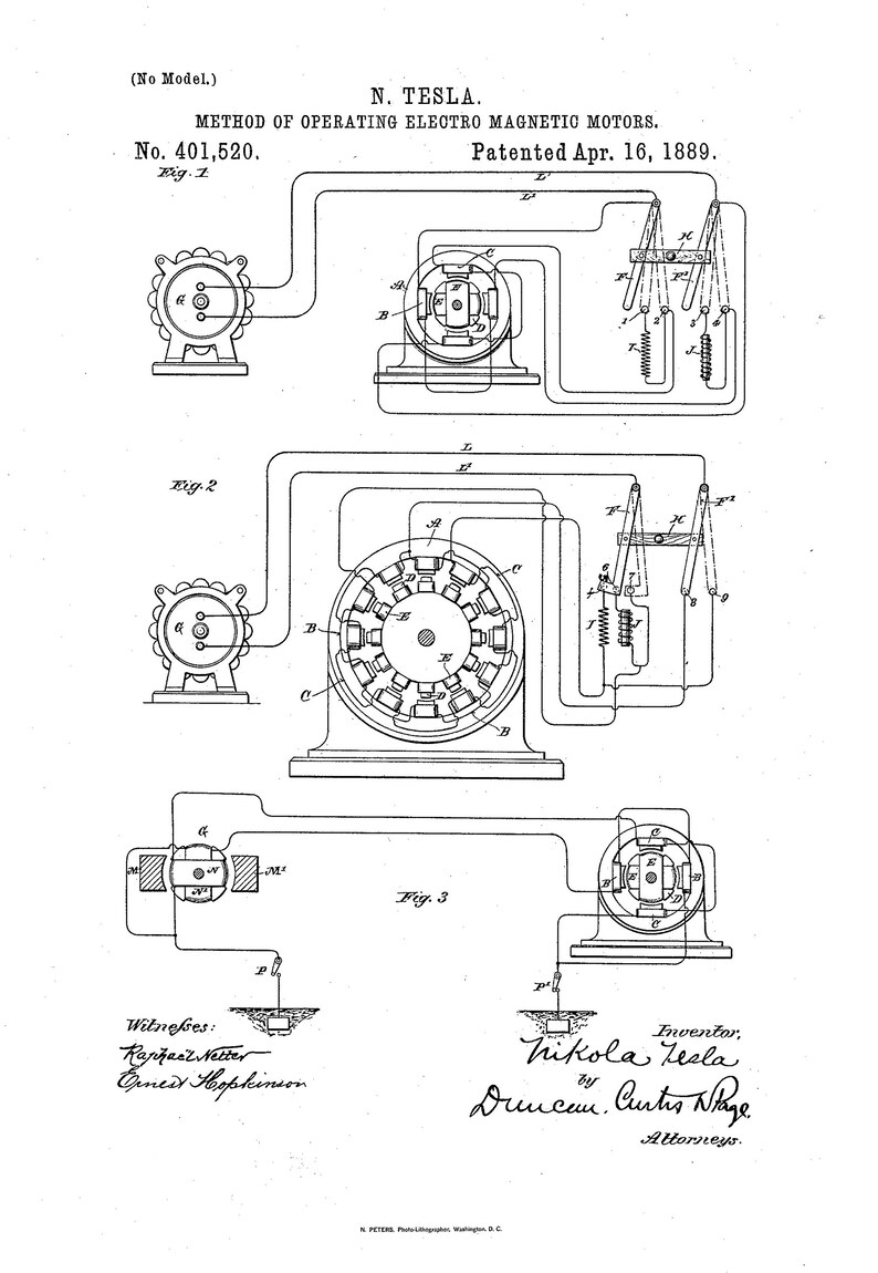 May include: A black and white line drawing of a patent for a method of operating electromagnetic motors. The patent is for Nikola Tesla and was filed on April 16, 1889. The patent number is 401,520. The drawing shows a diagram of the motor and its components.