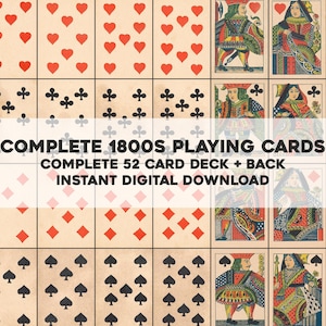 Puede incluir: Una descarga digital de una baraja completa de cartas de juego de la década de 1800. La imagen muestra una cuadrícula de naipes con palos de corazones, tréboles, diamantes y picas. Las cartas con figuras presentan ilustraciones detalladas. El texto de la imagen dice "COMPLETE 1800S PLAYING CARDS".