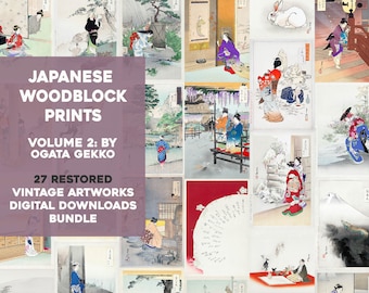 May include: A collage of 27 restored vintage Japanese woodblock prints by Ogata Gekko. The prints feature various scenes of Japanese life, including women in traditional clothing, landscapes, and animals. The prints are in a variety of colors, including black, white, red, blue, and green.