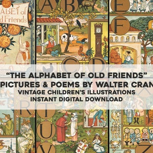 Libro vintage El alfabeto de los viejos amigos Walter Crane Ilustraciones para niños Paquete de arte de pared imprimible / Descarga instantánea / Uso comercial