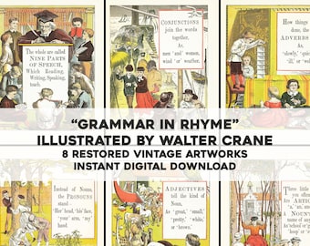 8 Pages Vintage Book Grammar in Rhyme Walter Crane Children's Illustrations Printable Art & Craft Bundle | Instant Download | Commercial Use