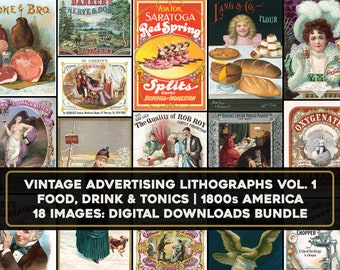 18 Vintage 1800 Litografía Imprimir Anuncios Tónicos Remedios Comida Bebida / Paquete de imágenes de alta resolución / Descarga digital Uso comercial