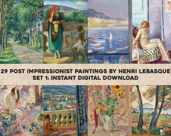 May include: A collage of nine paintings by Henri Lebasque, a French Post-Impressionist painter. The paintings depict various scenes, including landscapes, portraits, and still lifes. The text "29 POST IMPRESSIONIST PAINTINGS BY HENRI LEBASQUE SET 1: INSTANT DIGITAL DOWNLOAD" is displayed at the bottom of the collage.