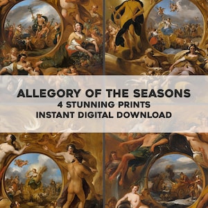 May include: Four-panel digital download featuring classical paintings. Each panel depicts figures within ornate circular frames, showcasing scenes with mythological themes and figures. The text "Allegory of the Seasons" and "4 Stunning Prints Instant Digital Download" is displayed.