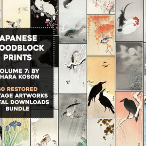 May include: A collage of 40 restored vintage Japanese woodblock prints by Ohara Koson. The prints feature various birds, animals, and landscapes in a traditional Japanese style.