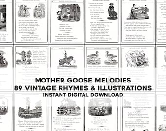 89 Vintage Mother Goose Melodies Nursery Rhymes / Paquete de imágenes HQ / Arte de pared imprimible Instantánea Digital Descarga instantánea Uso comercial